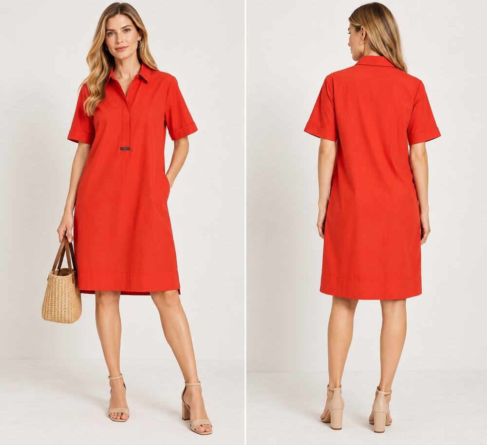 PESERICO Red Orange Shirt Dress Made in Italy Cotton Stretch Pocket IT 46 US 10